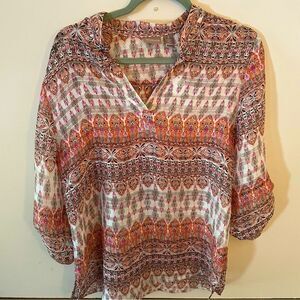 CHICO’s cream/ orange patterned top, Sz 1 (US 8), (1013)